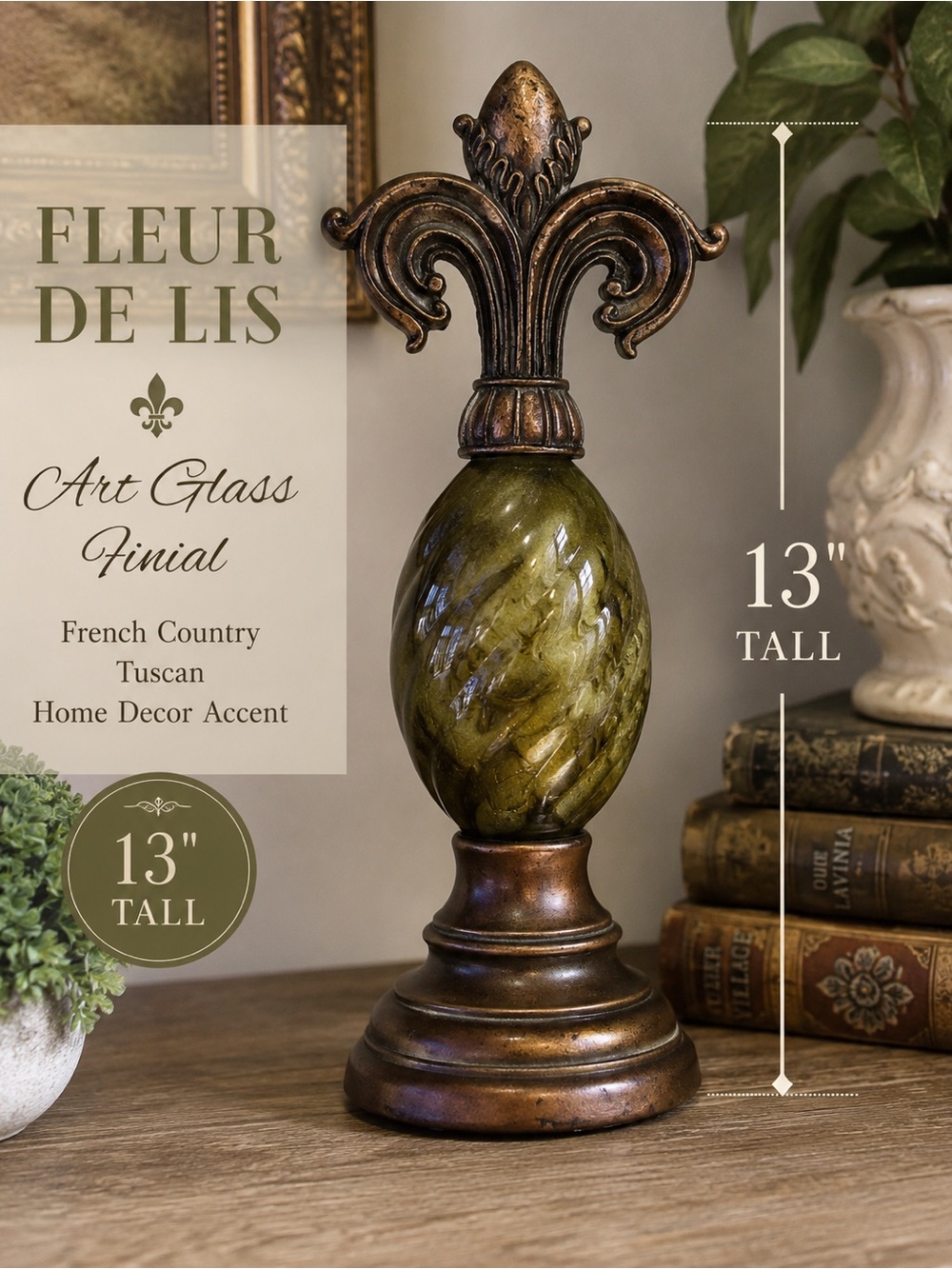 13” Fleur De Lis Art Glass Finial Bronze French Country Tuscan Home Decor Accent